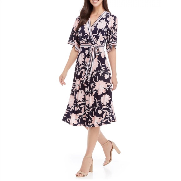 Sandra Darren Dresses & Skirts - Floral Wrap Dress with Striped Trim